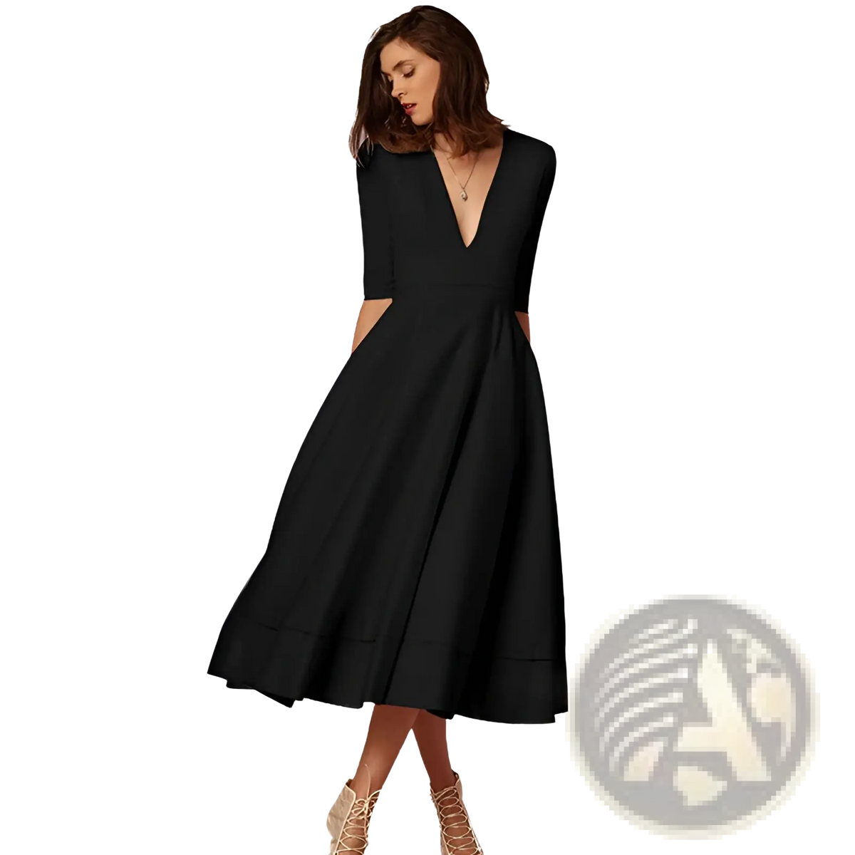 Retro v Neck 60s Swing Midi Dress with Pockets