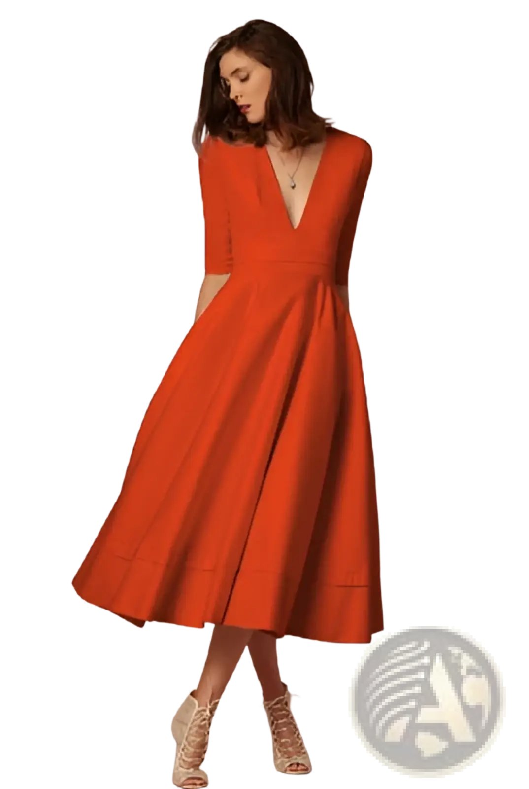 Retro v Neck 60s Swing Midi Dress with Pockets