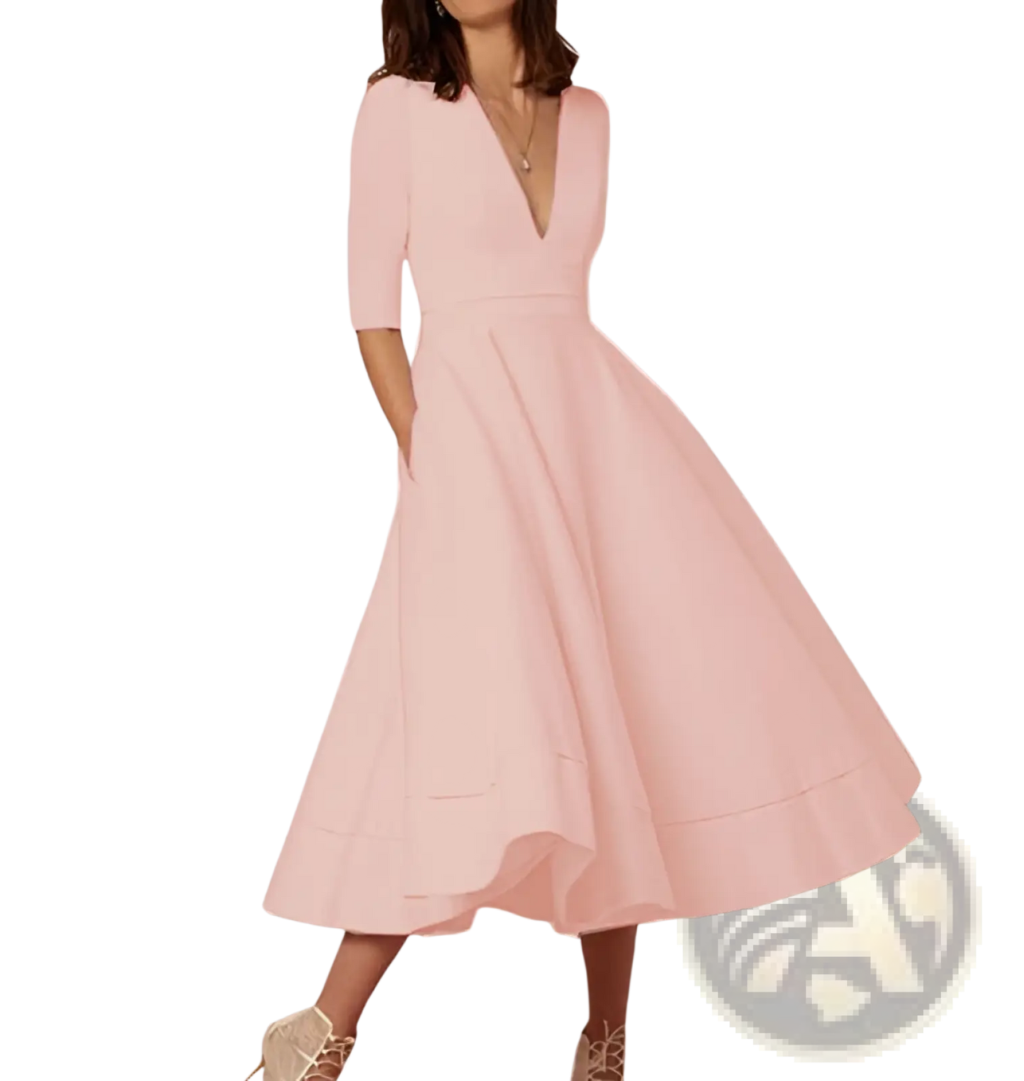 Retro v Neck 60s Swing Midi Dress with Pockets