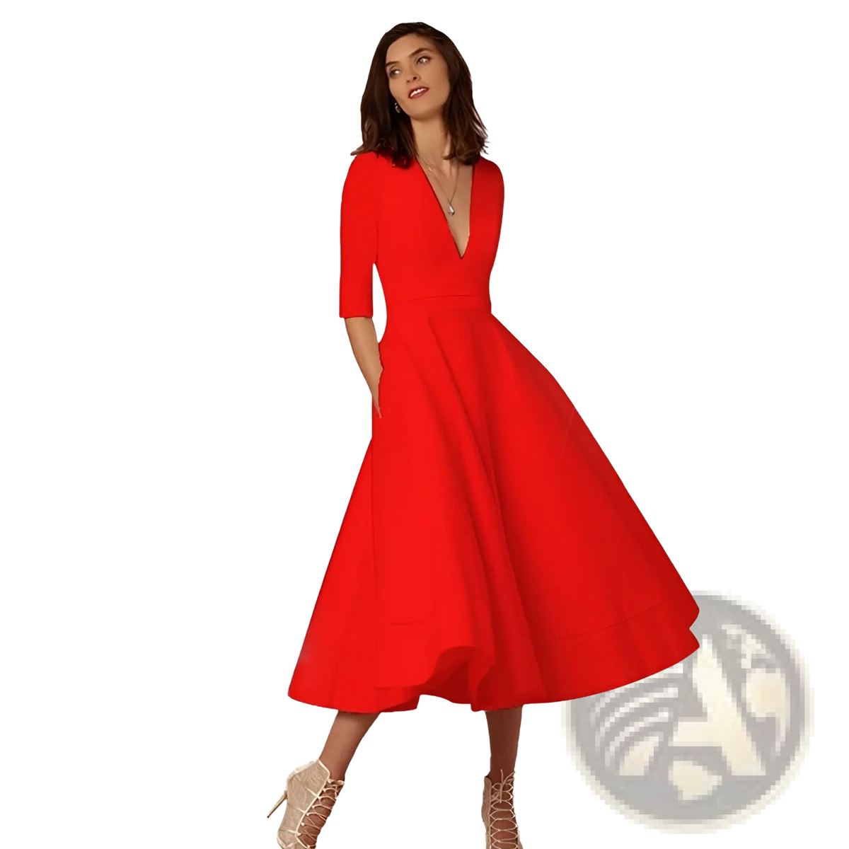Retro v Neck 60s Swing Midi Dress with Pockets