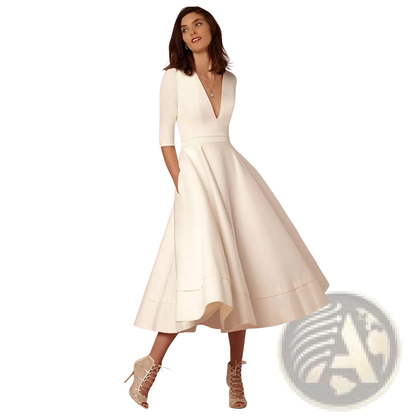 Retro v Neck 60s Swing Midi Dress with Pockets