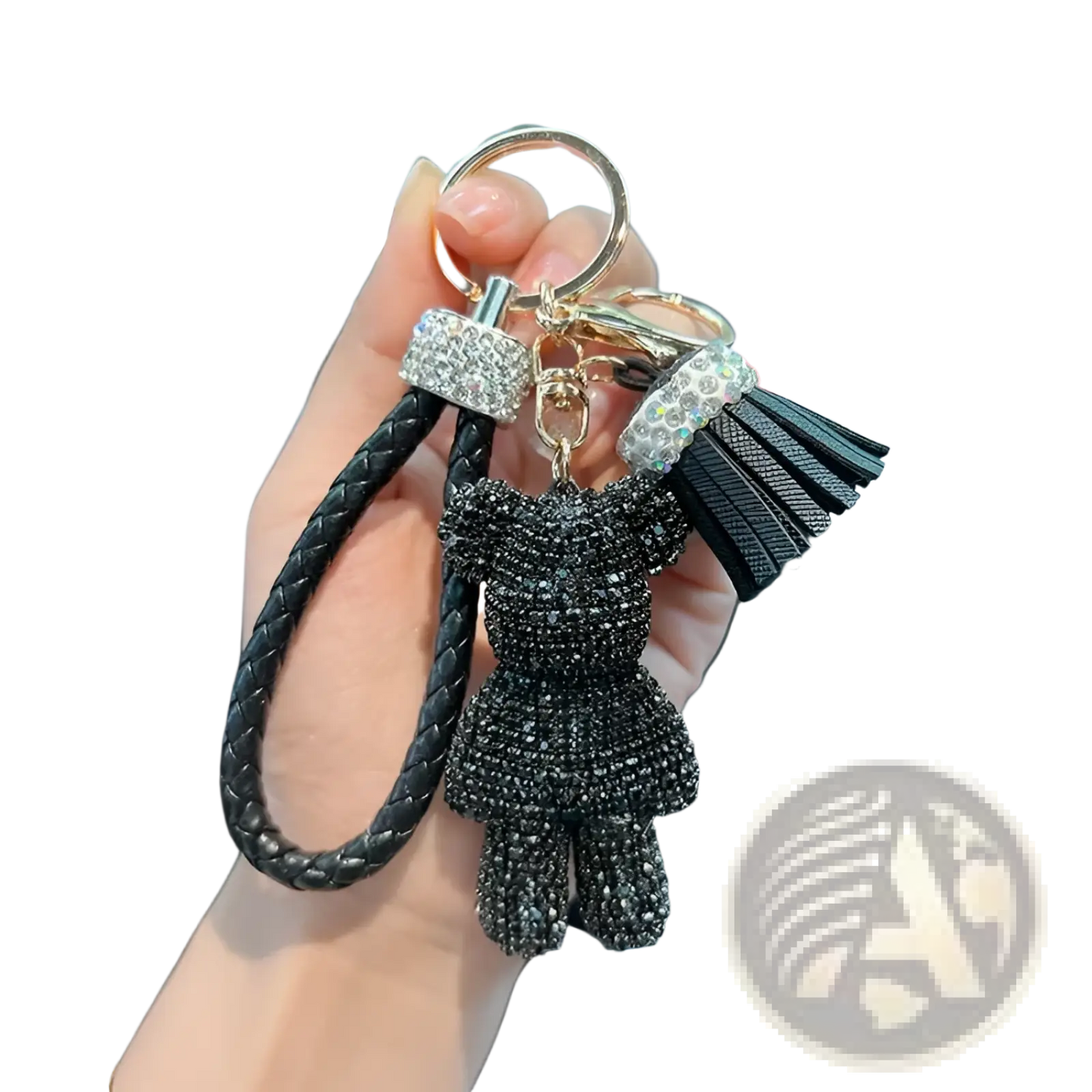 Rhinestone Bear Keychain with Leather Strap and Tassel