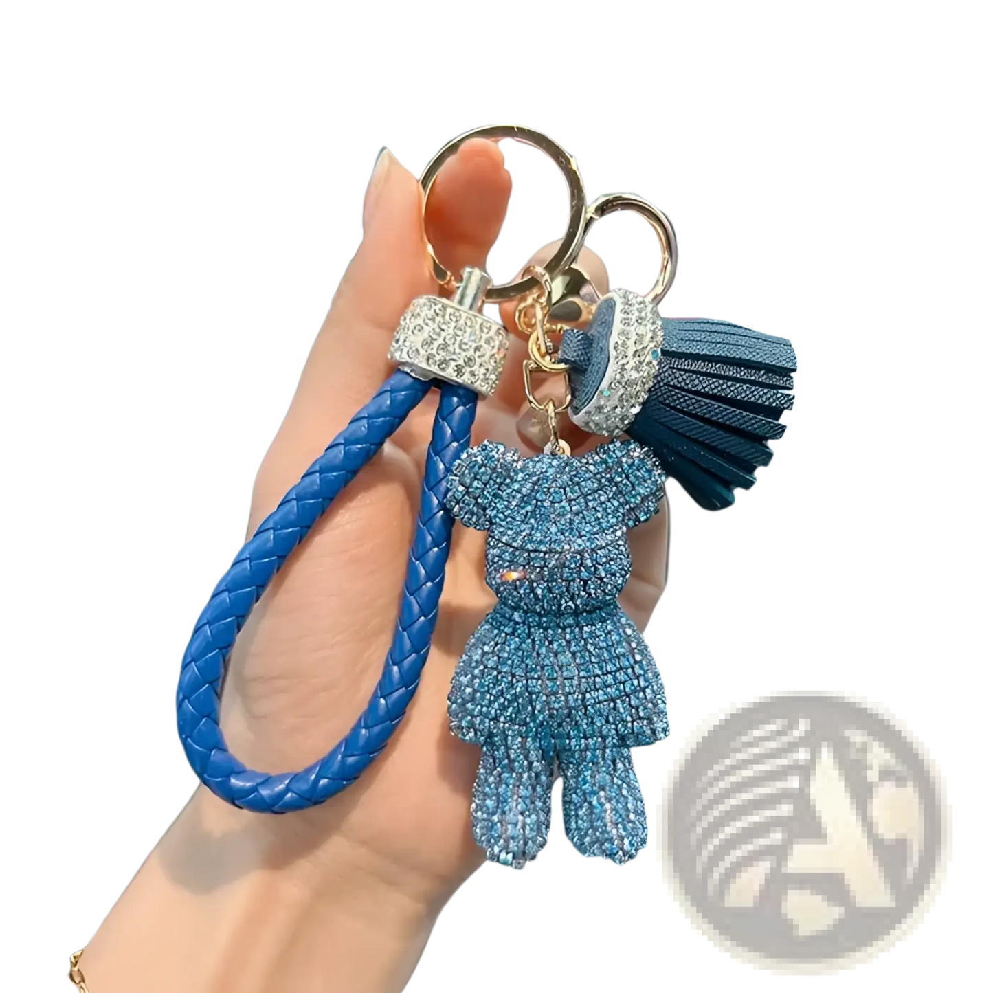 Rhinestone Bear Keychain with Leather Strap and Tassel