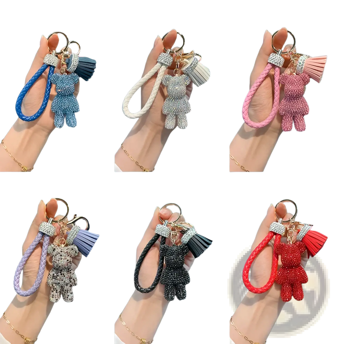 Rhinestone Bear Keychain with Leather Strap and Tassel
