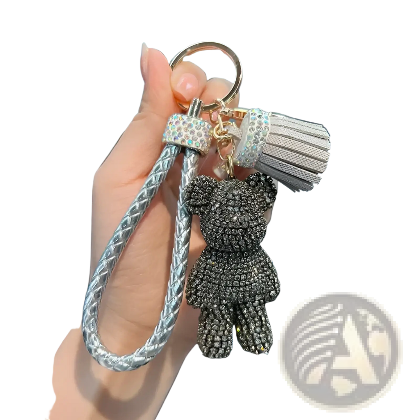 Rhinestone Bear Keychain with Leather Strap and Tassel