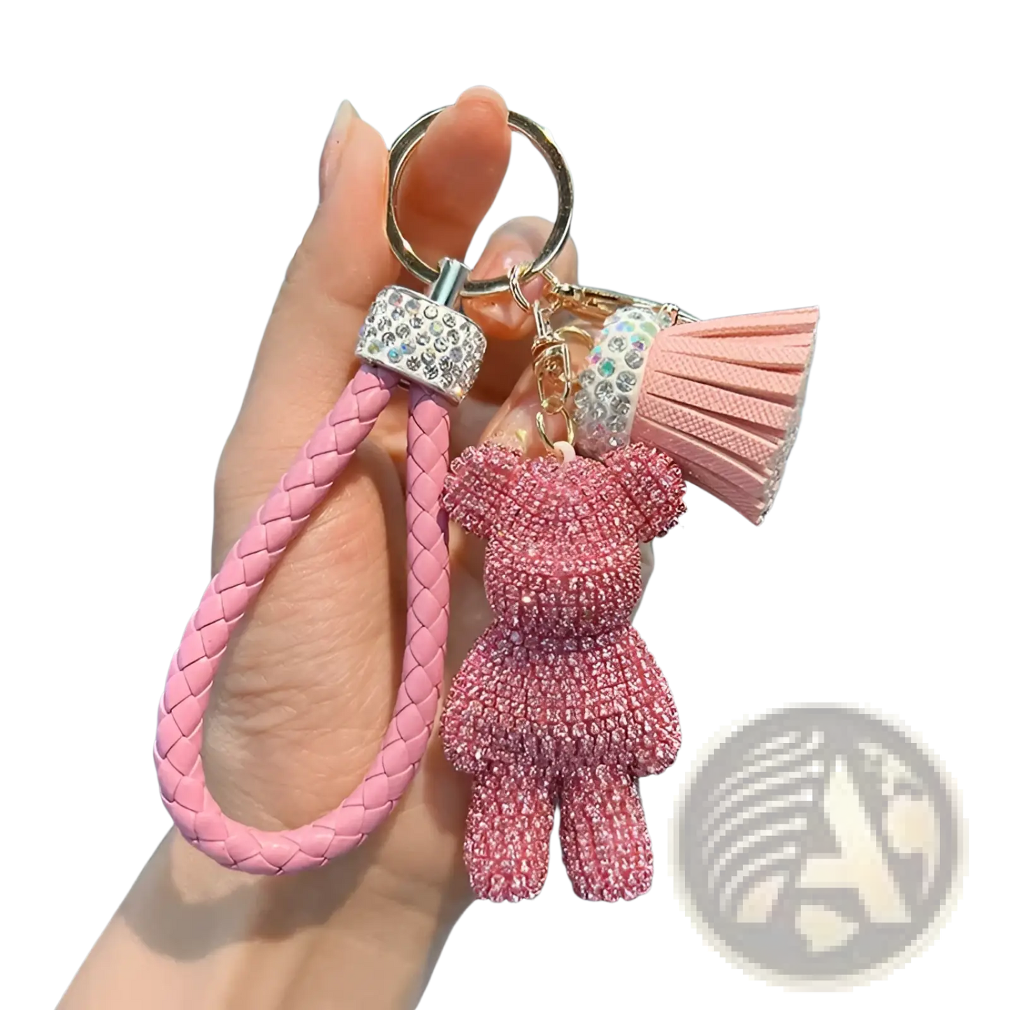 Rhinestone Bear Keychain with Leather Strap and Tassel