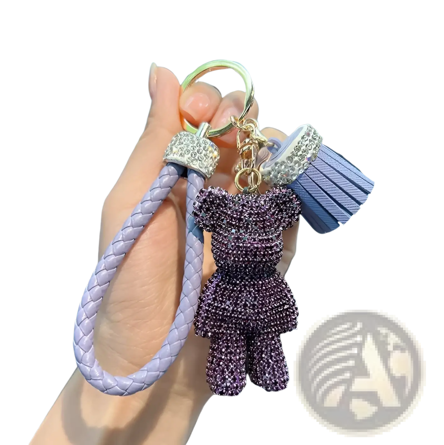 Rhinestone Bear Keychain with Leather Strap and Tassel