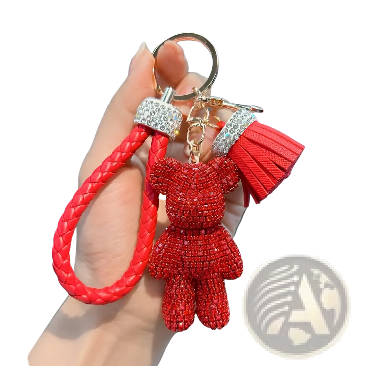 Rhinestone Bear Keychain with Leather Strap and Tassel