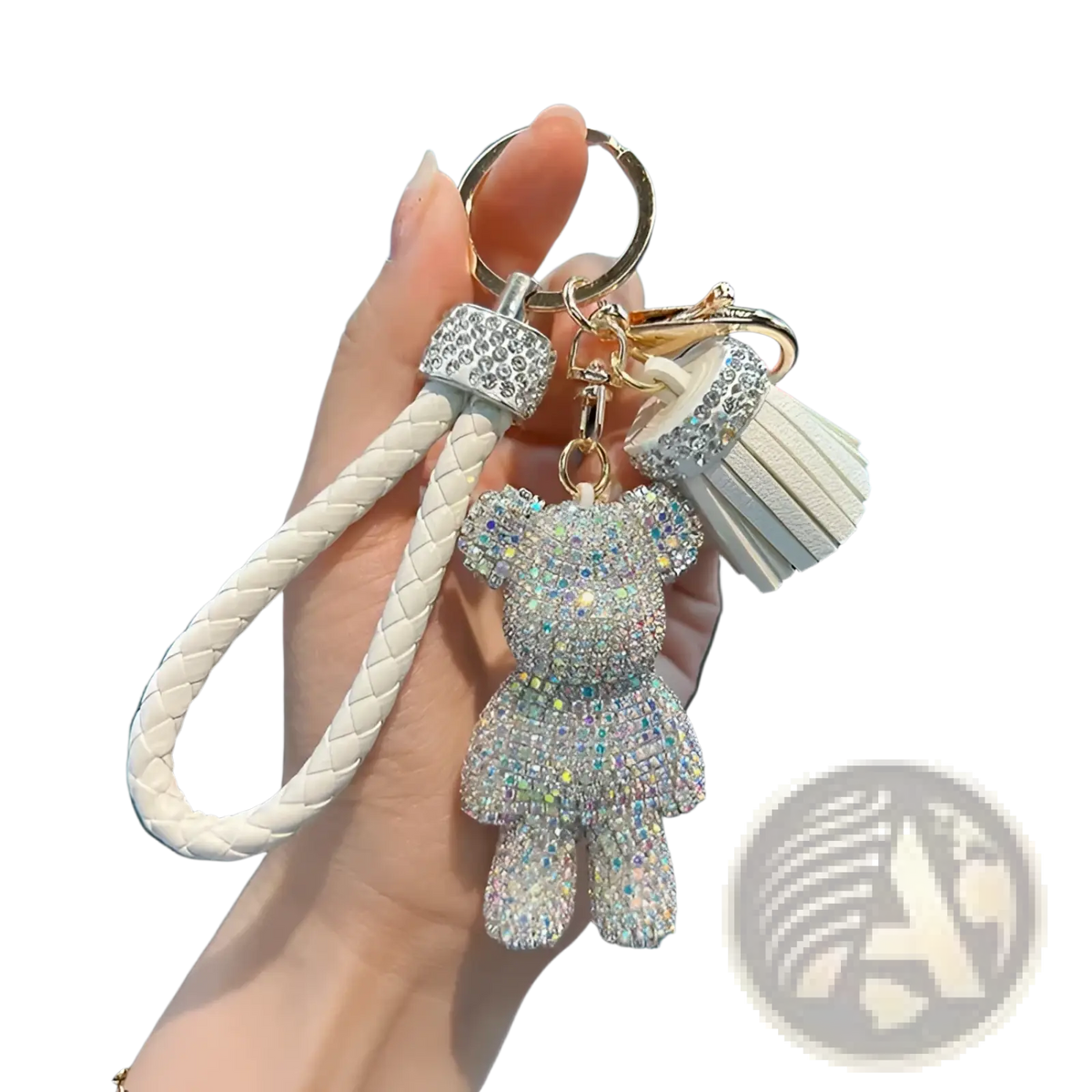 Rhinestone Bear Keychain with Leather Strap and Tassel
