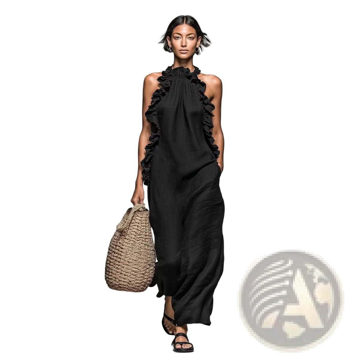 Ruffled Halter Neck Open Back Maxi Resort Dress