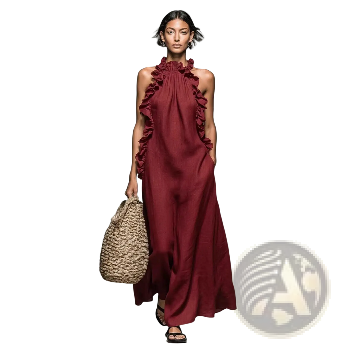 Ruffled Halter Neck Open Back Maxi Resort Dress