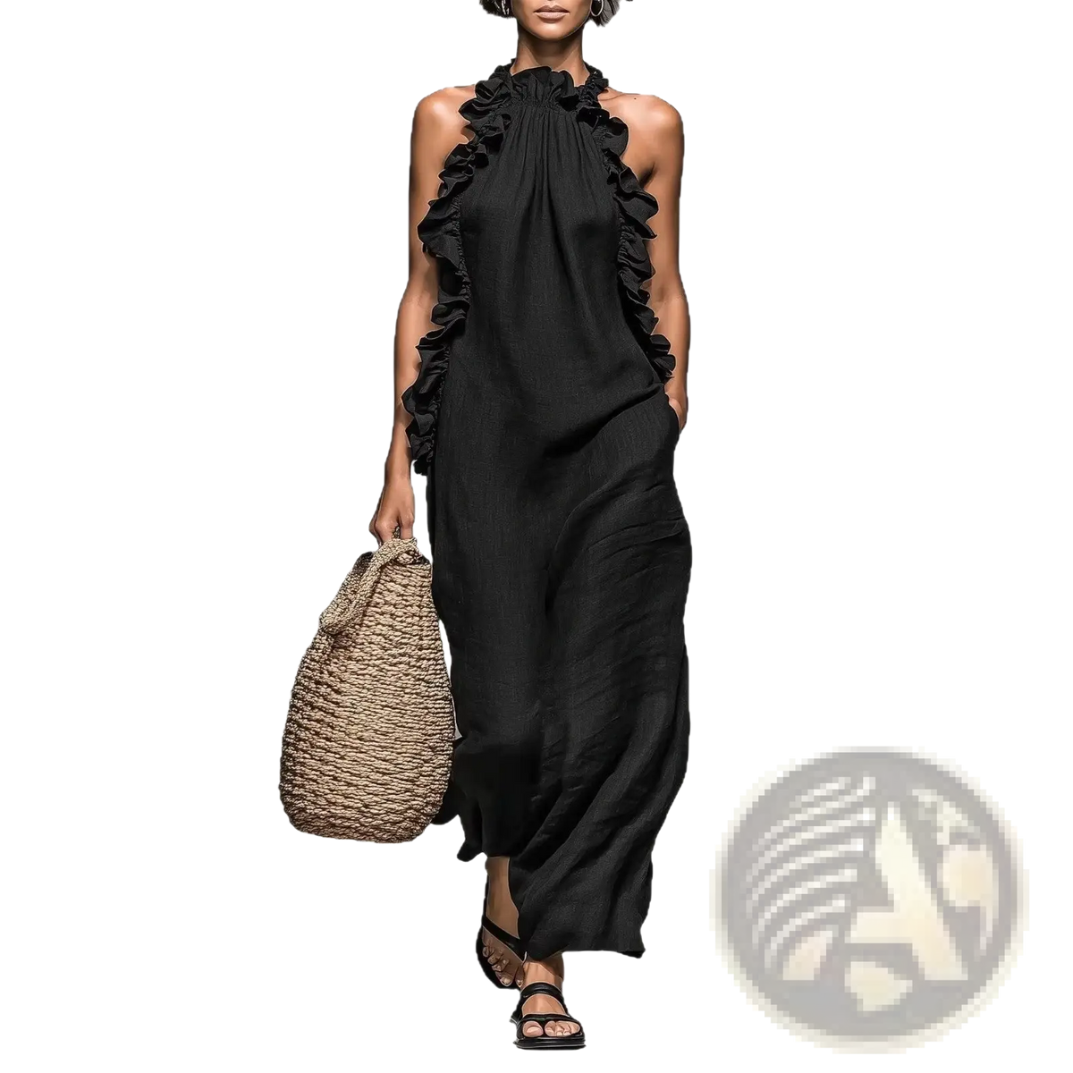 Ruffled Halter Neck Open Back Maxi Resort Dress