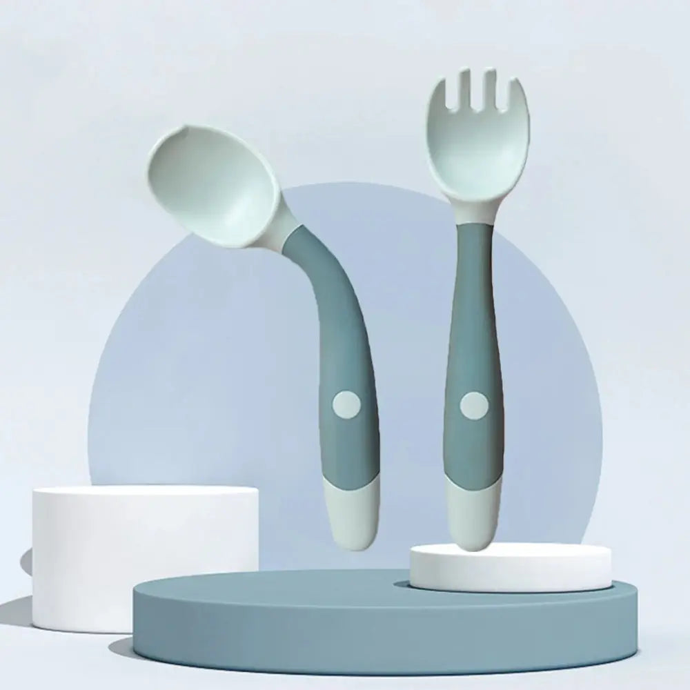 Soft Silicone Baby Spoon and Fork Self Feeding Set