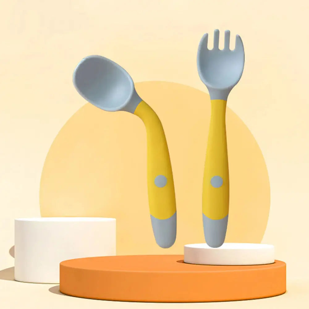 Soft Silicone Baby Spoon and Fork Self Feeding Set
