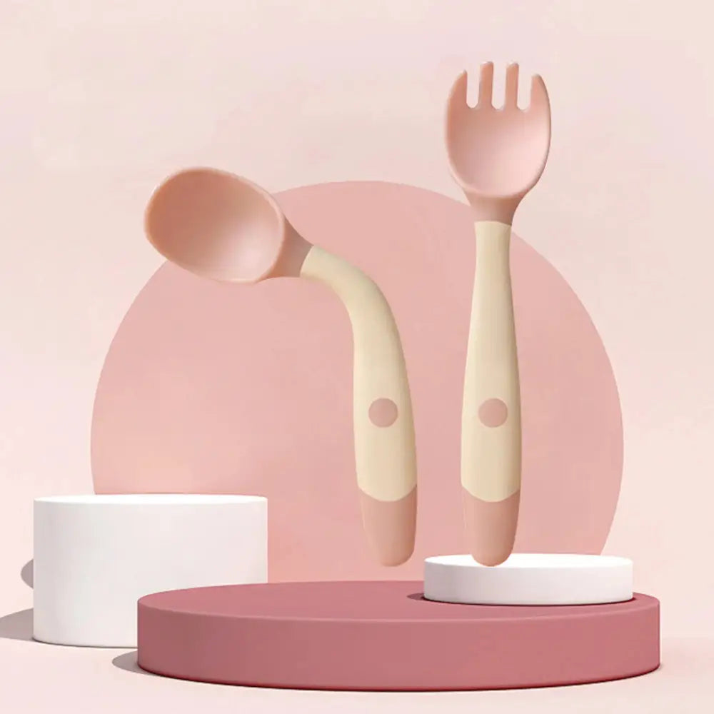 Soft Silicone Baby Spoon and Fork Self Feeding Set