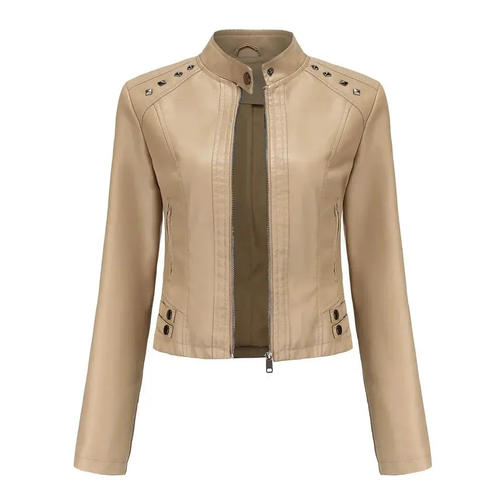 Studded Faux Leather Moto Jacket with Silver Rivets
