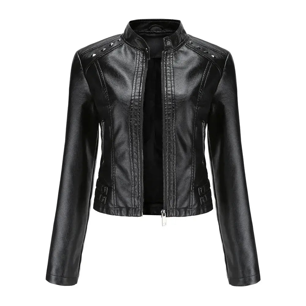 Studded Faux Leather Moto Jacket with Silver Rivets