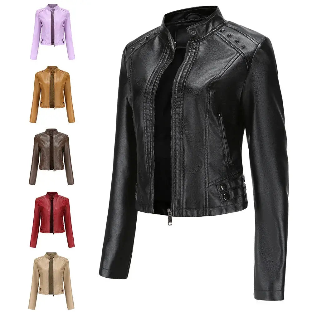 Studded Faux Leather Moto Jacket with Silver Rivets