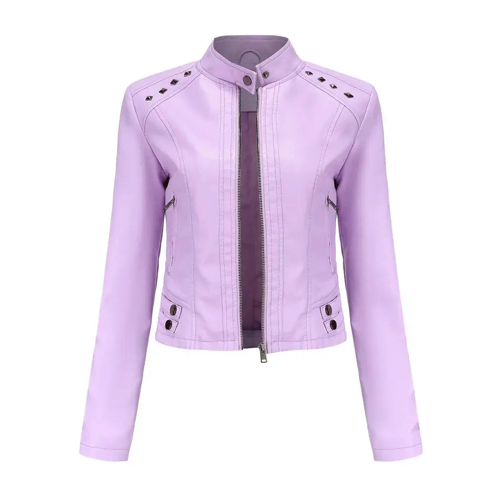 Studded Faux Leather Moto Jacket with Silver Rivets