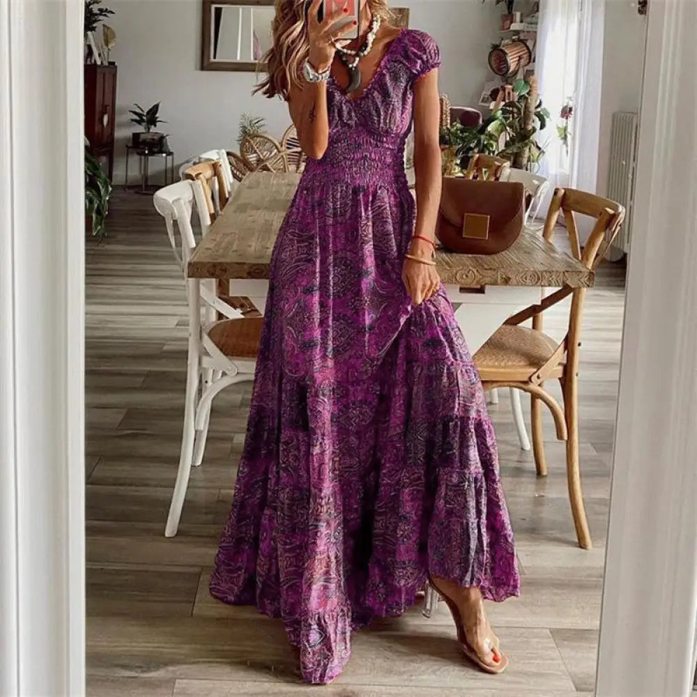 Floral Paisley v Neck Tiered Maxi Dress