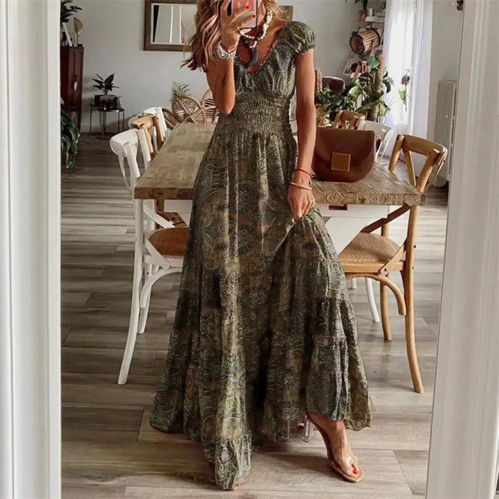 Floral Paisley v Neck Tiered Maxi Dress