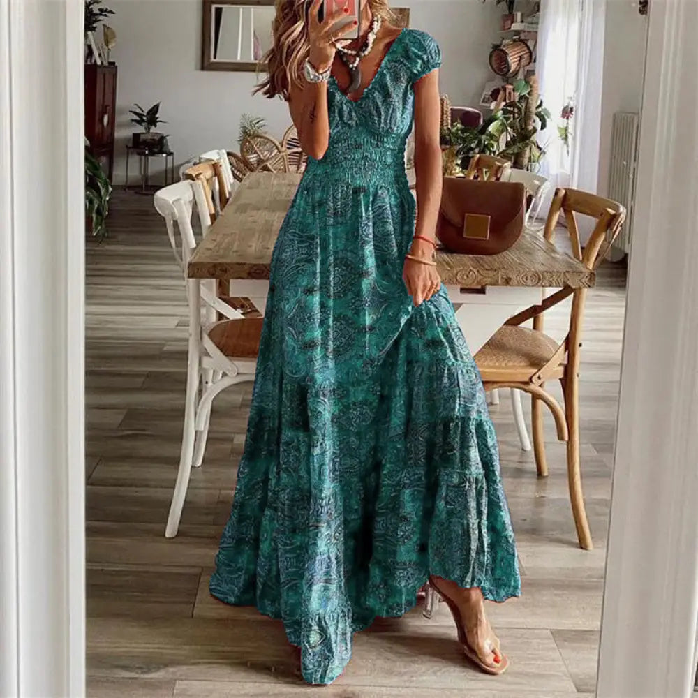 Floral Paisley v Neck Tiered Maxi Dress