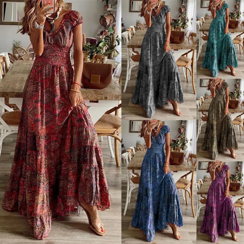 Floral Paisley v Neck Tiered Maxi Dress