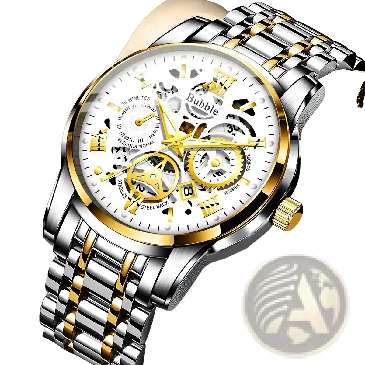 Uthai Men Quartz Skeleton Watch Two Tone Steel V009