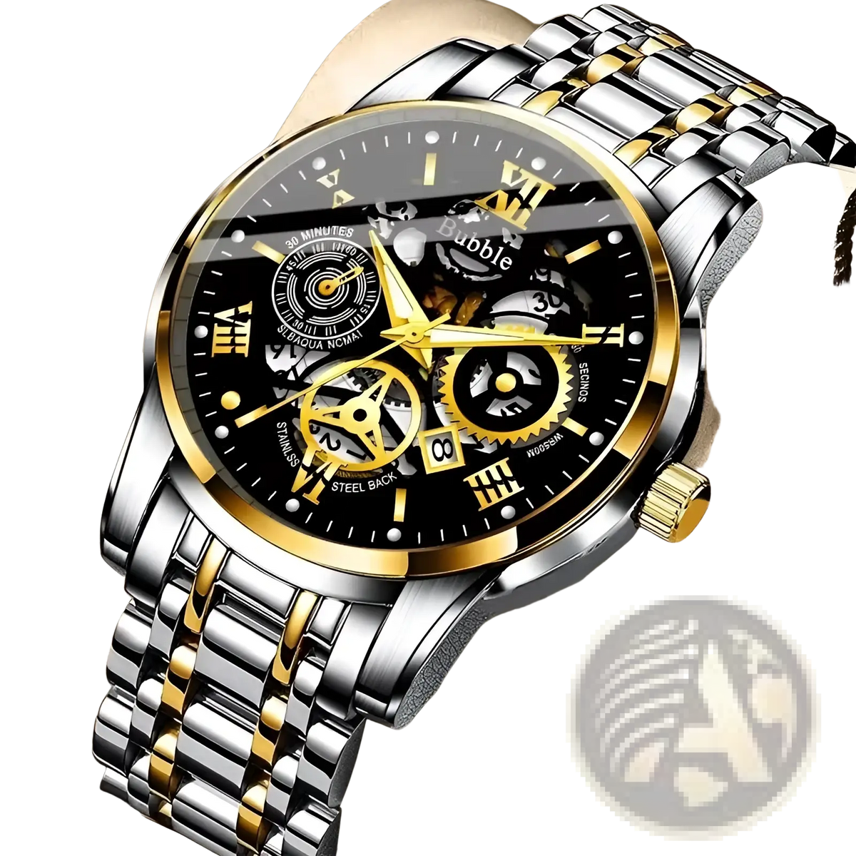 Uthai Men Quartz Skeleton Watch Two Tone Steel V009
