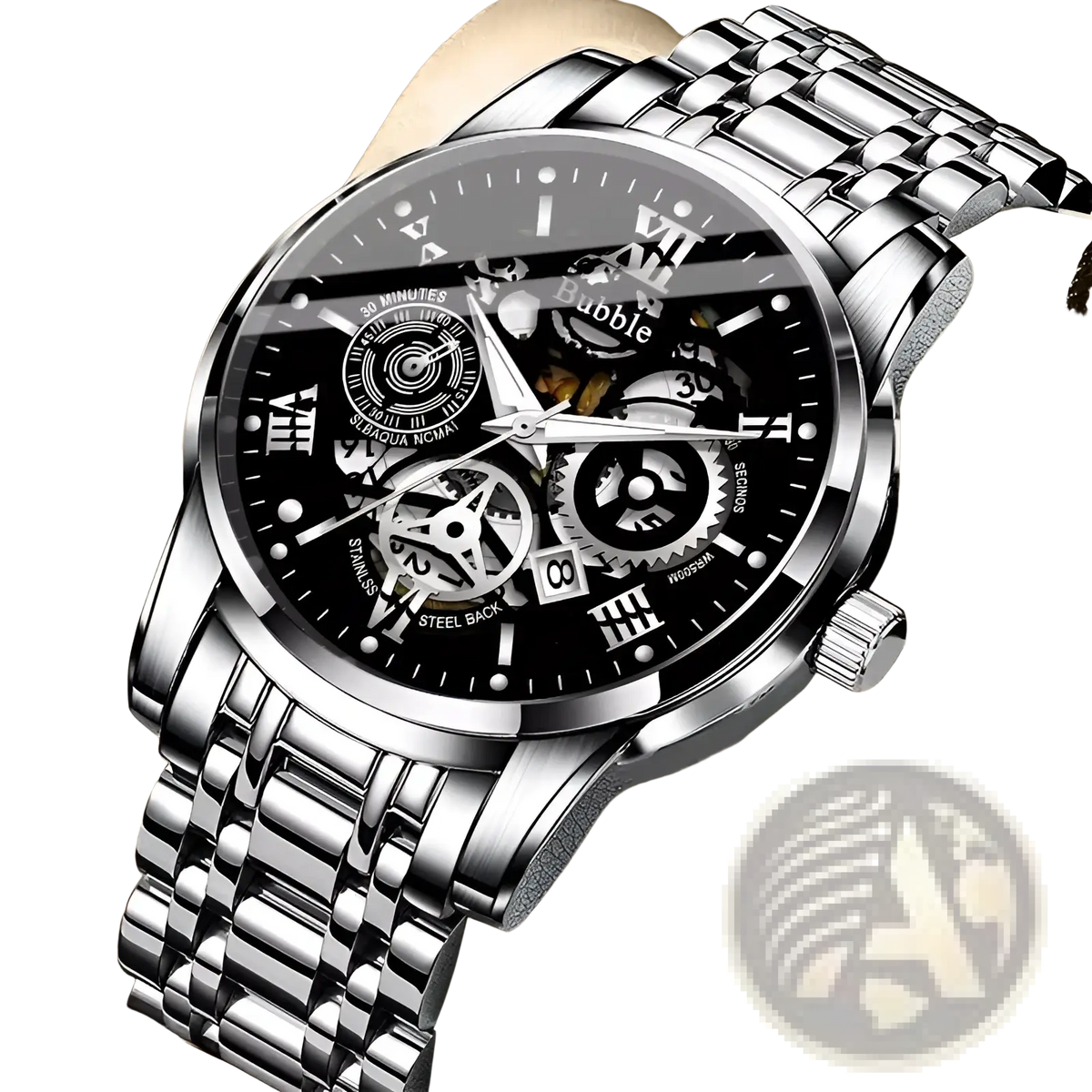 Uthai Men Quartz Skeleton Watch Two Tone Steel V009