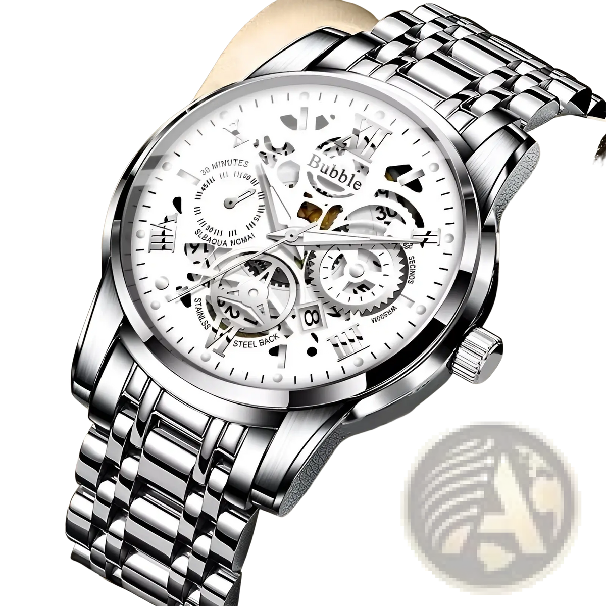 Uthai Men Quartz Skeleton Watch Two Tone Steel V009