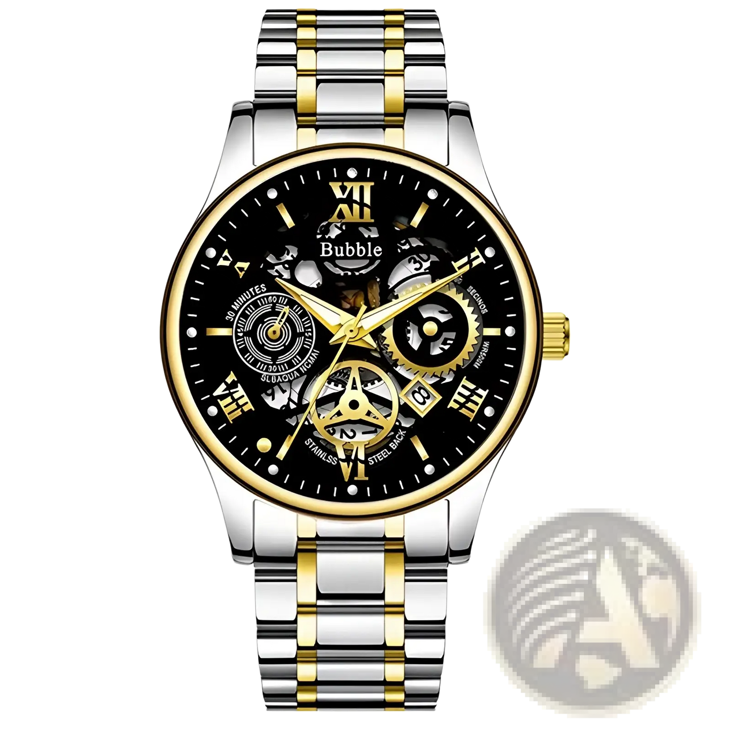Uthai Men Quartz Skeleton Watch Two Tone Steel V009