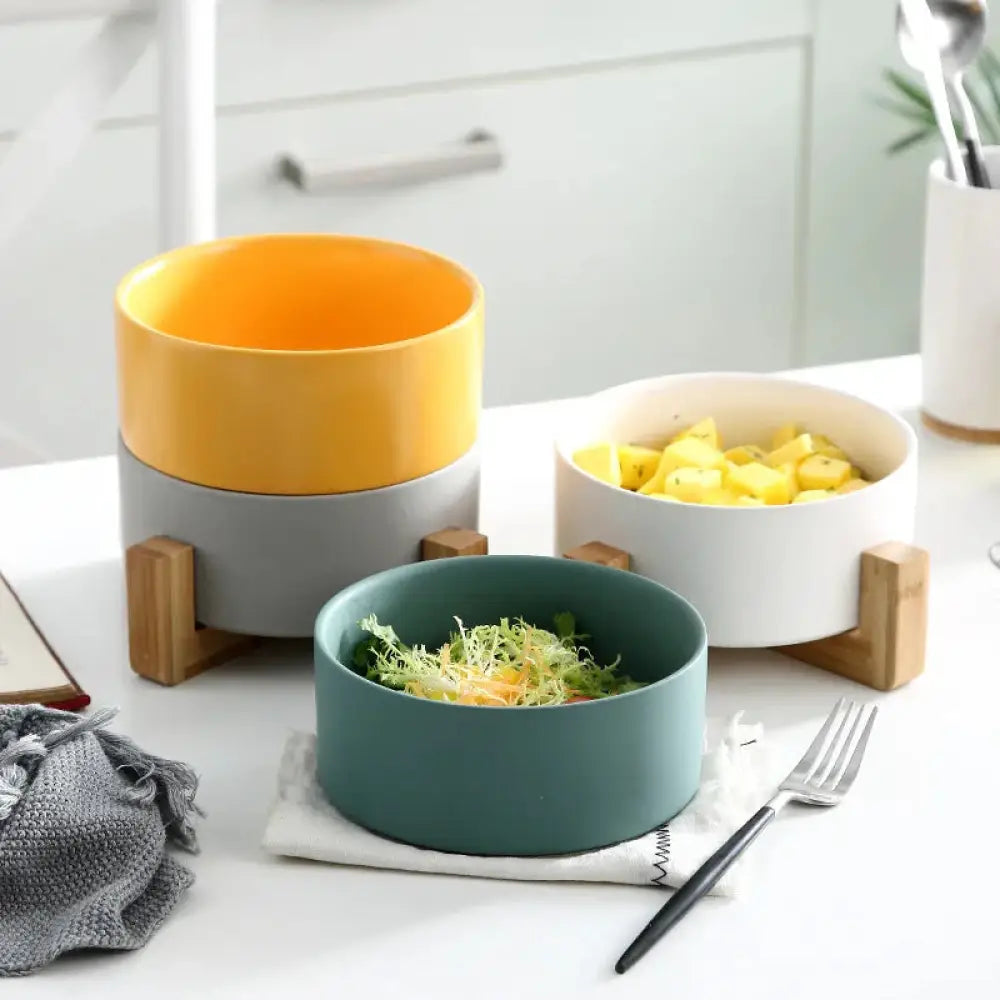 Minimalist Matte Ceramic Bowl Set with Wooden Stands
