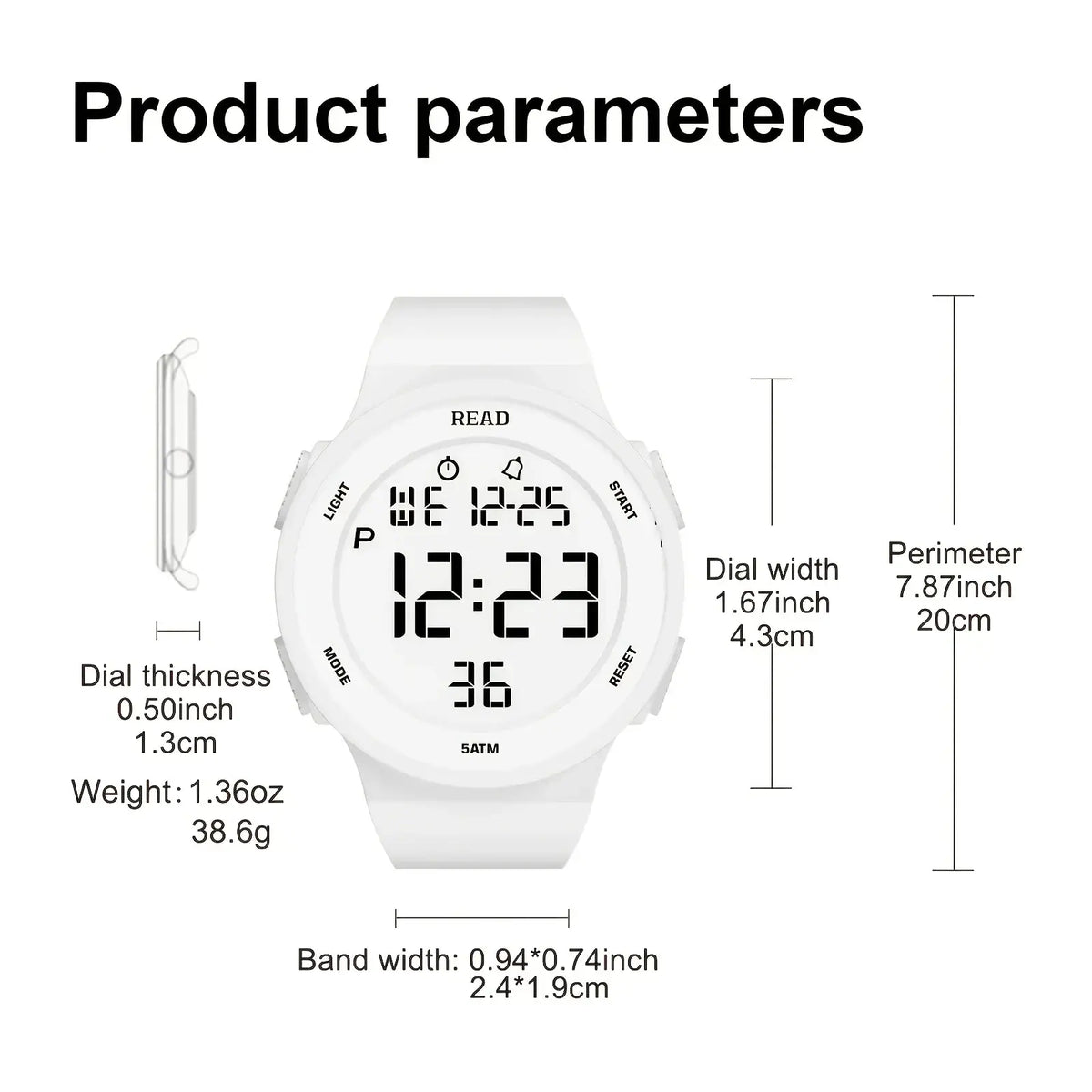 White Led Digital Sports Watch Womens Waterproof Fitness Timepiece