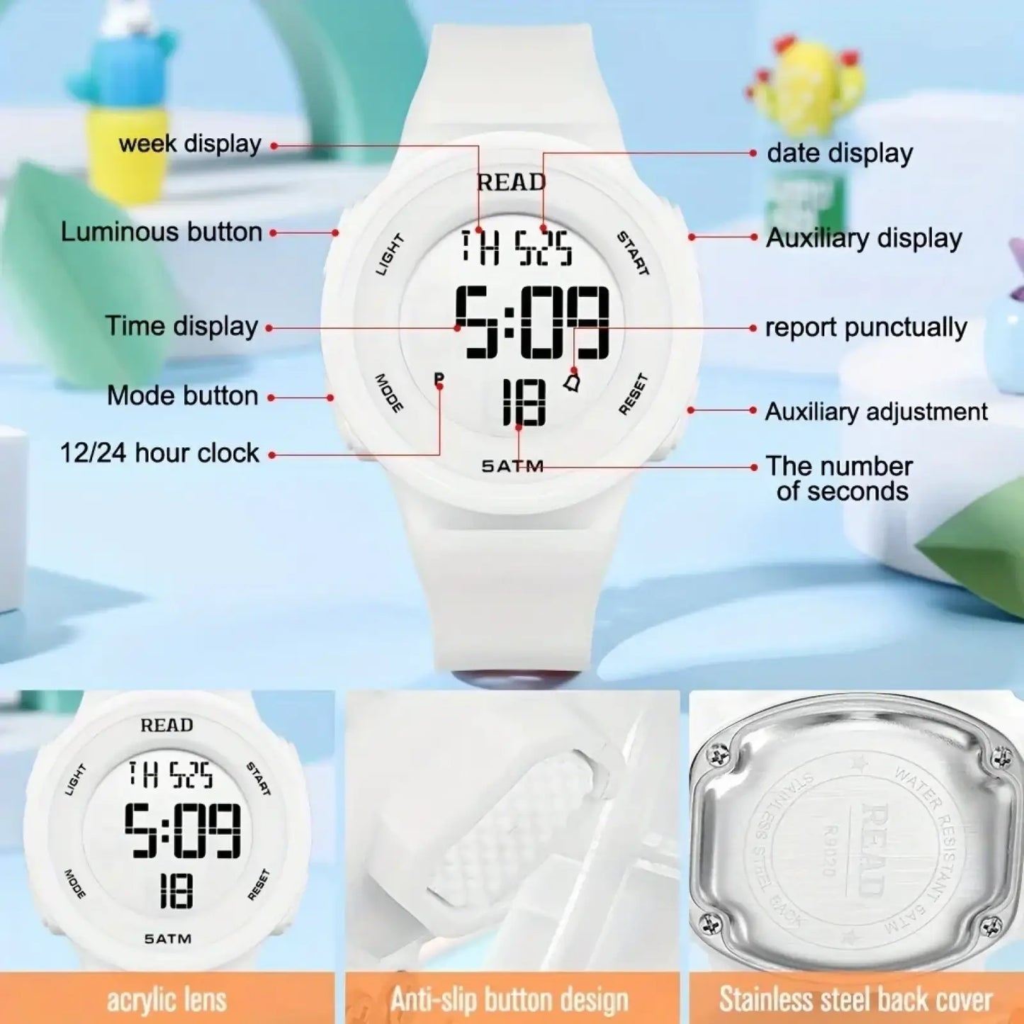 White Led Digital Sports Watch Womens Waterproof Fitness Timepiece