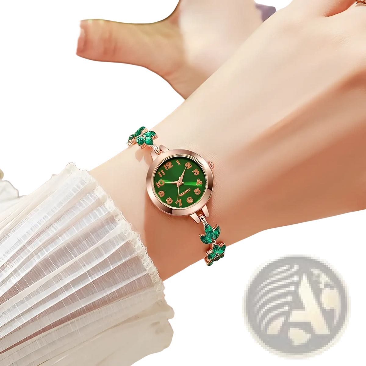 Women Rhinestone Quartz Watch Crystal Leaf Bracelet