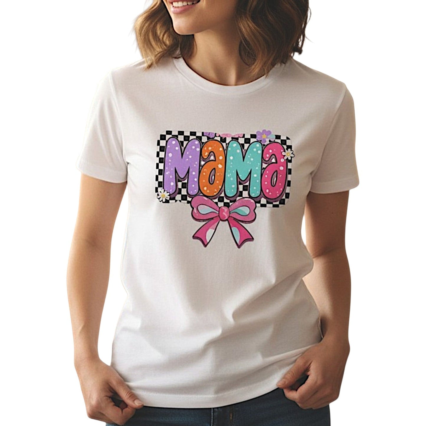 Mama T-Shirt Checkerboard Bow Graphic Tee 100% Cotton Casual Top