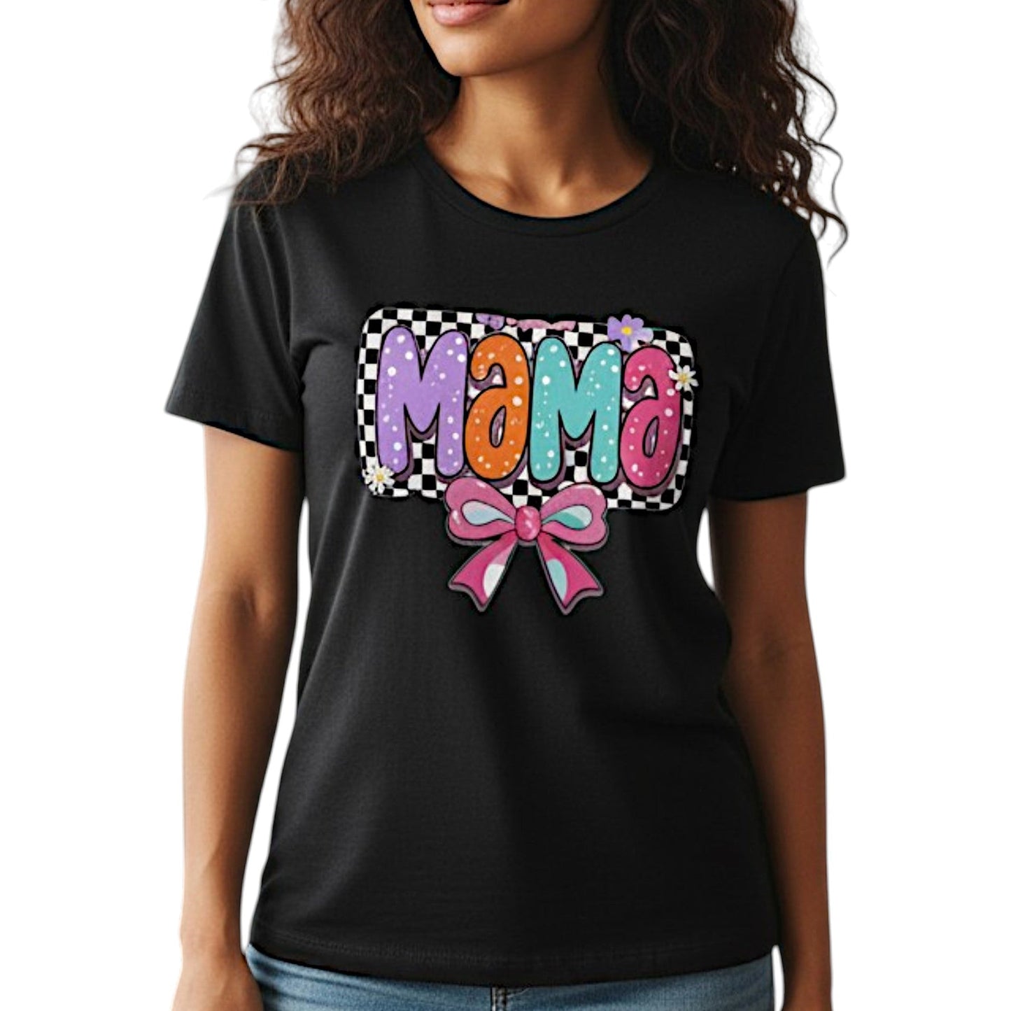 Mama T-Shirt Checkerboard Bow Graphic Tee 100% Cotton Casual Top