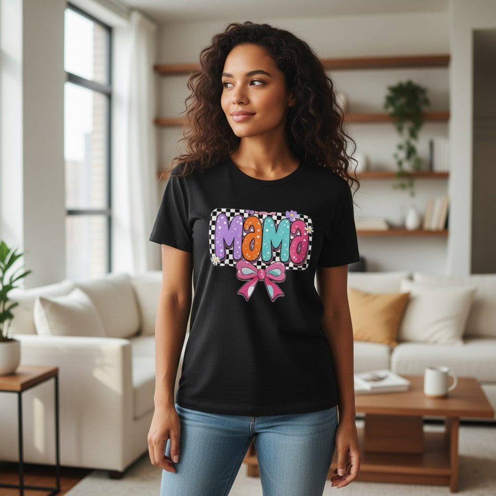 Mama T-Shirt Checkerboard Bow Graphic Tee 100% Cotton Casual Top