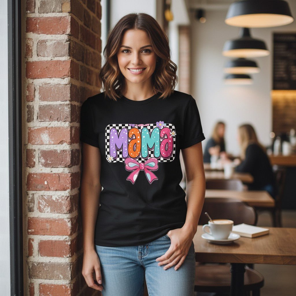 Mama T-Shirt Checkerboard Bow Graphic Tee 100% Cotton Casual Top