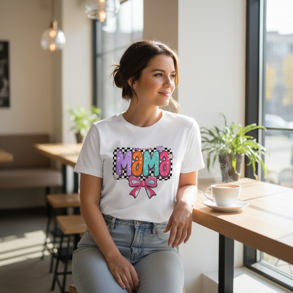 Mama T-Shirt Checkerboard Bow Graphic Tee 100% Cotton Casual Top