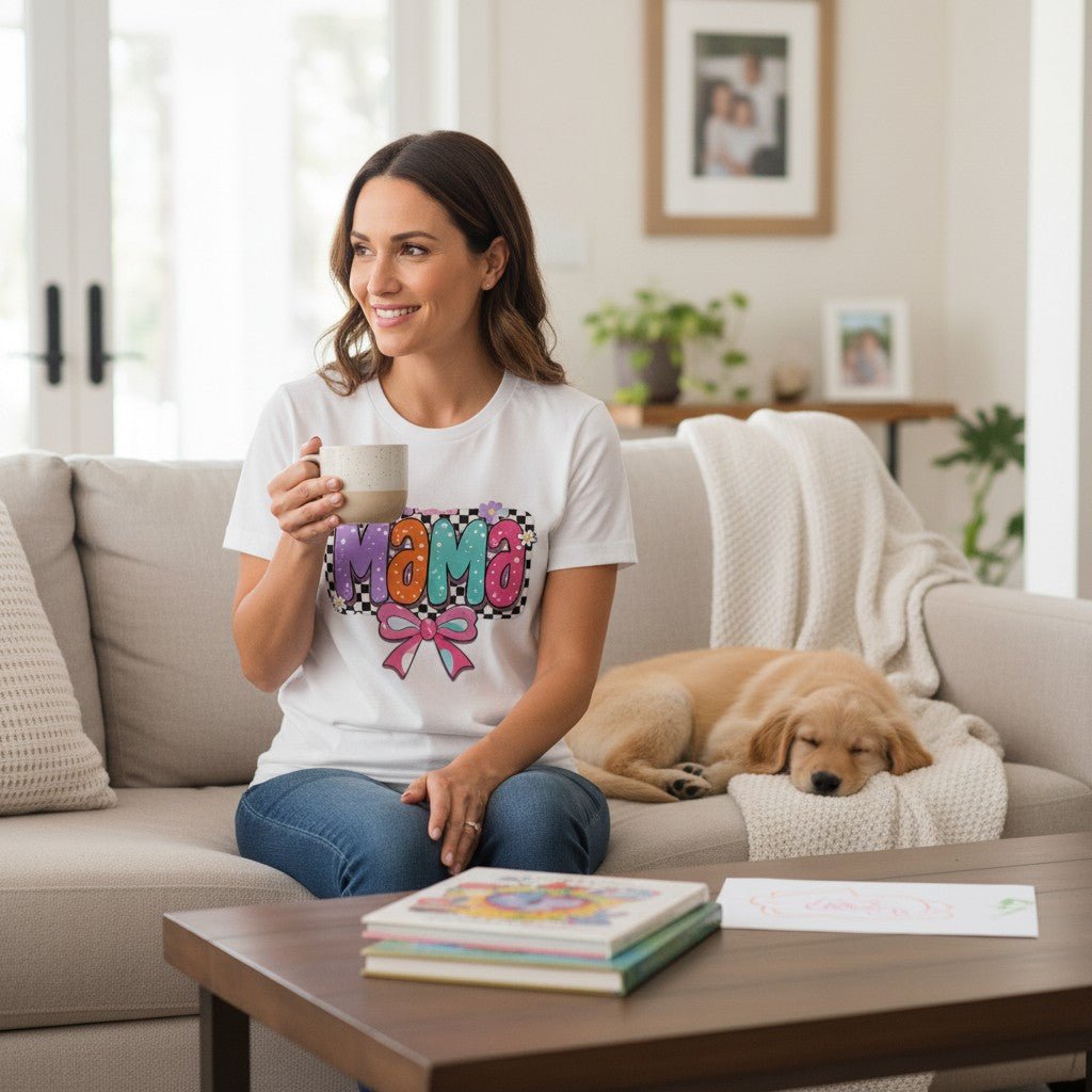 Mama T-Shirt Checkerboard Bow Graphic Tee 100% Cotton Casual Top