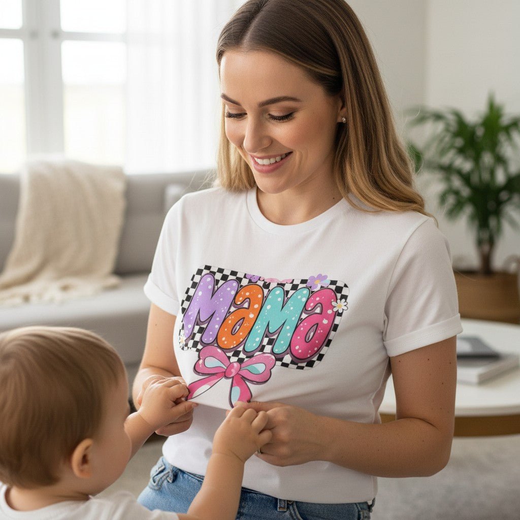 Mama T-Shirt Checkerboard Bow Graphic Tee 100% Cotton Casual Top