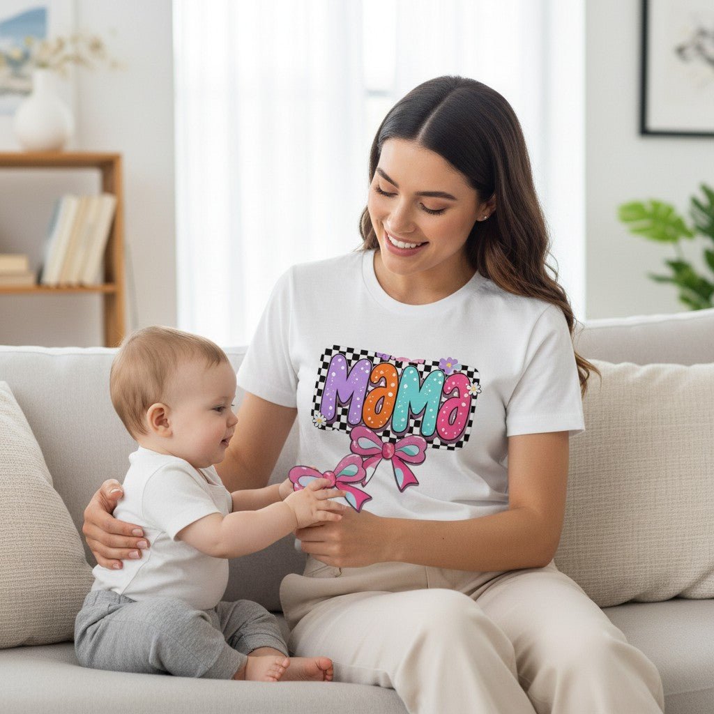 Mama T-Shirt Checkerboard Bow Graphic Tee 100% Cotton Casual Top