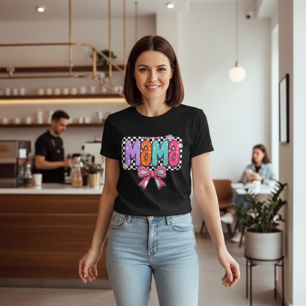 Mama T-Shirt Checkerboard Bow Graphic Tee 100% Cotton Casual Top