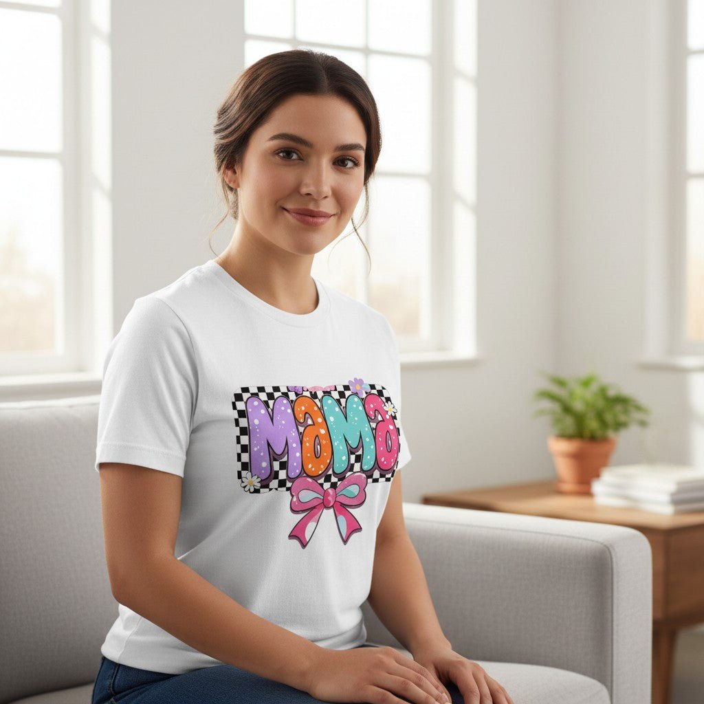 Mama T-Shirt Checkerboard Bow Graphic Tee 100% Cotton Casual Top