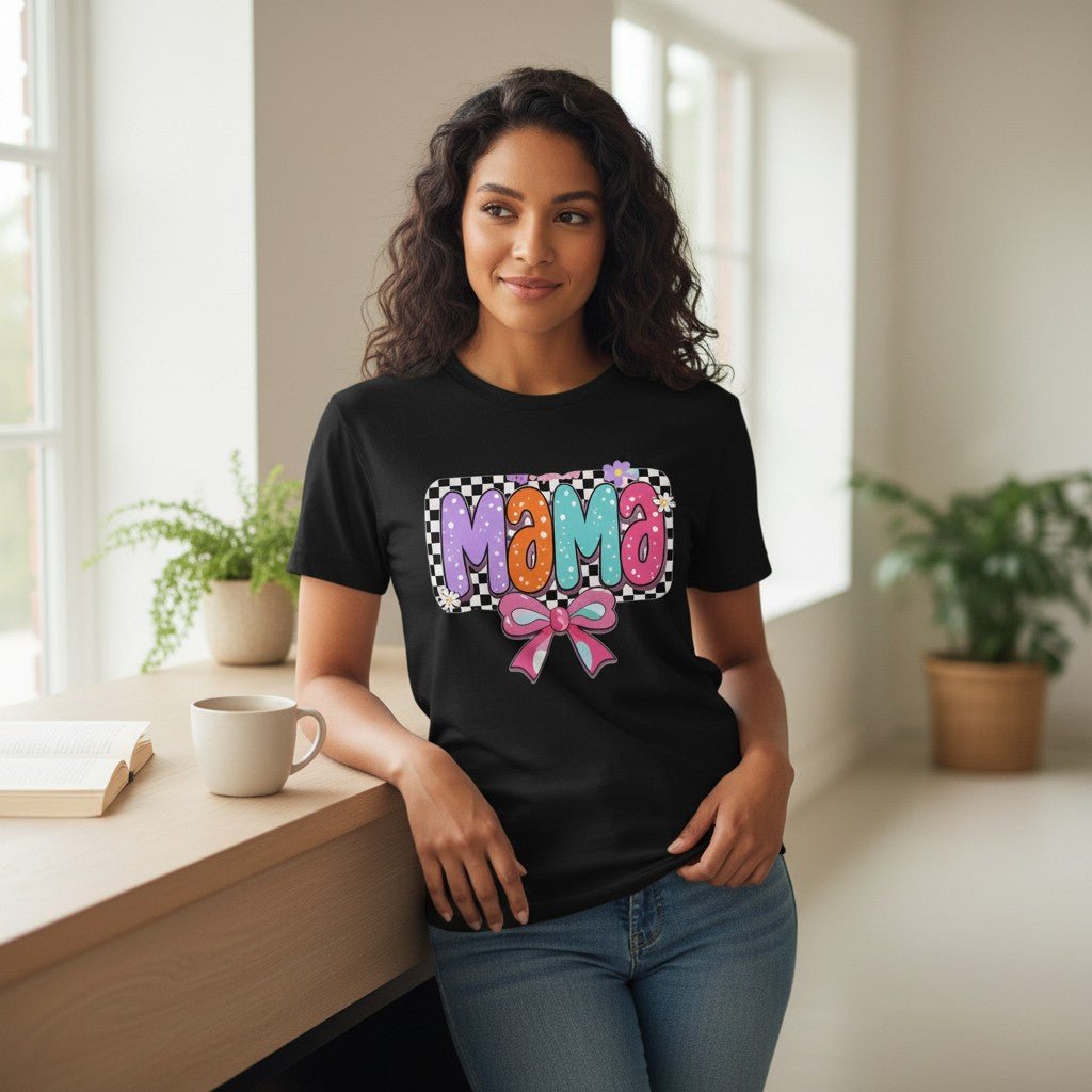 Mama T-Shirt Checkerboard Bow Graphic Tee 100% Cotton Casual Top