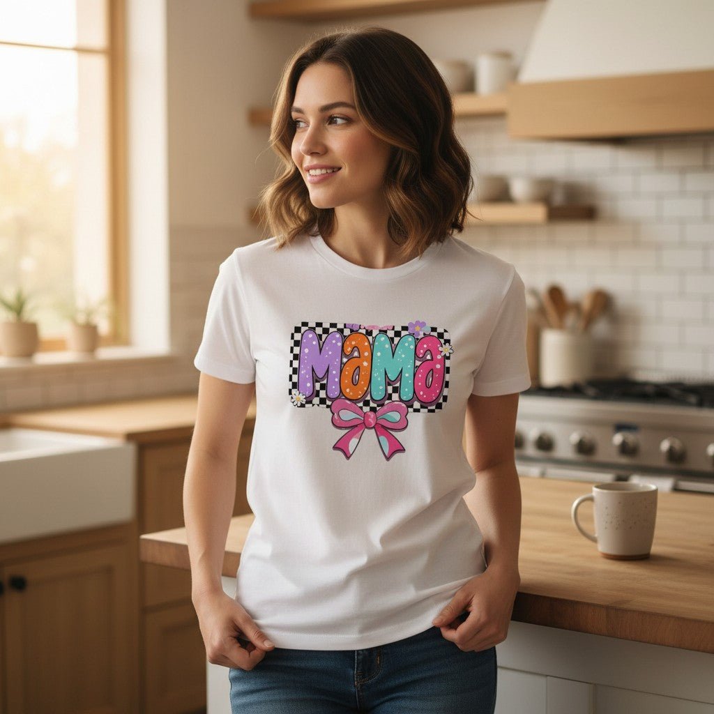 Mama T-Shirt Checkerboard Bow Graphic Tee 100% Cotton Casual Top