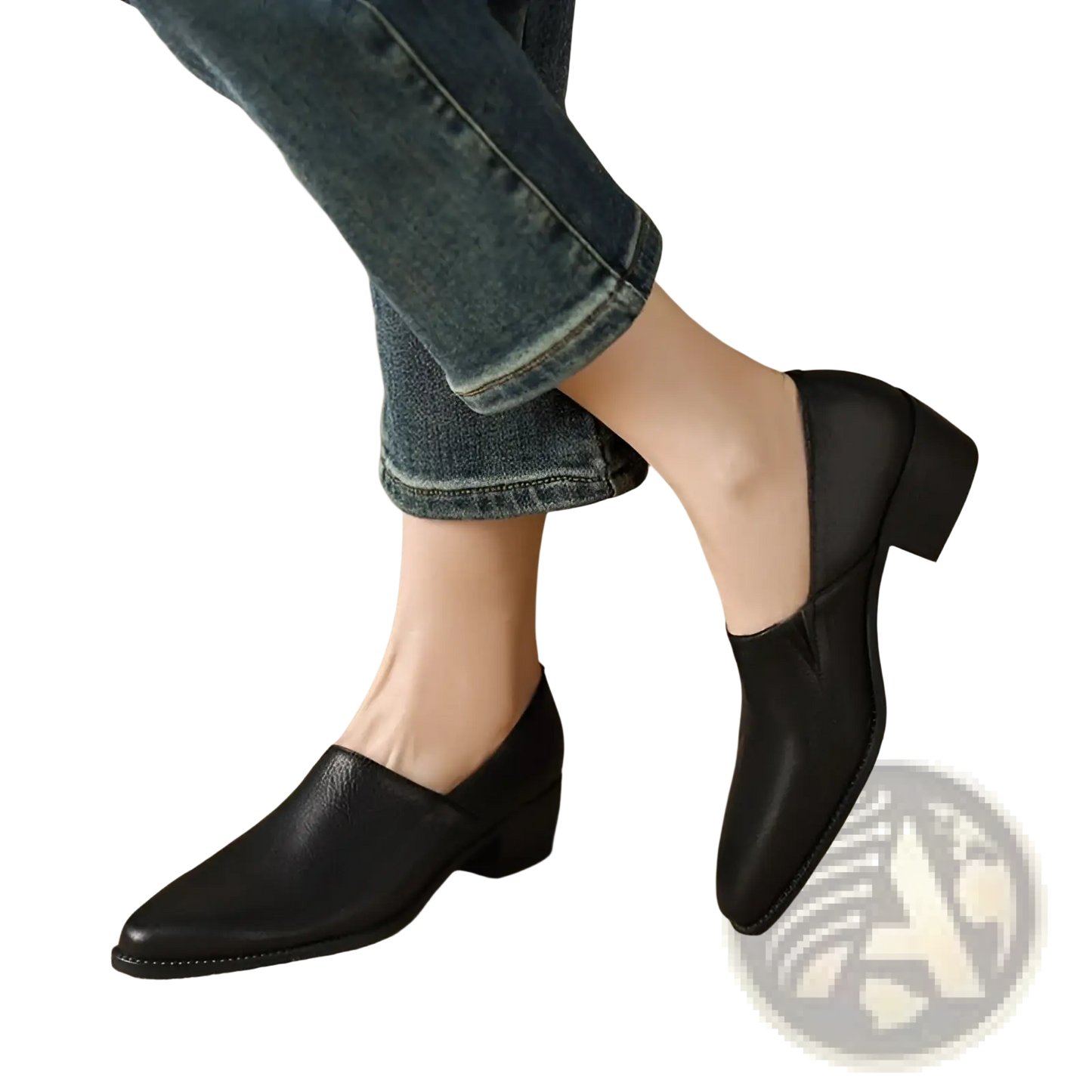 Women's Leather Block Heel Loafers Square Toe Shoes