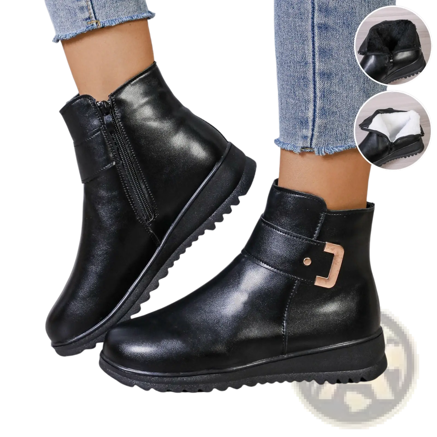 Women's Winter Fleece Ankle Boots Zipper Leather Shoes